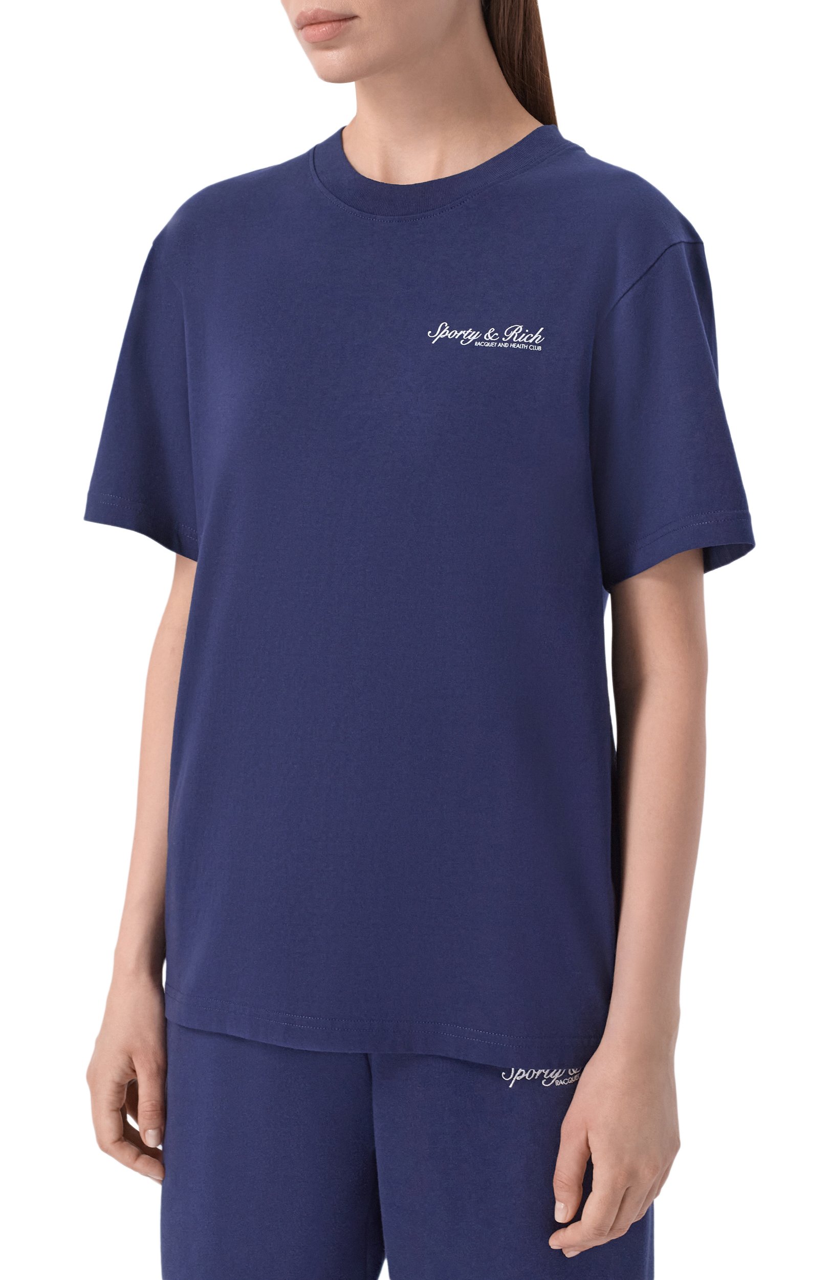 Хлопковая футболка SPORTY AND RICH темно-синего цвета по цене 12150 руб., арт. T011975325BL106, фото 3 Хлопковая футболка SPORTY AND RICH, арт. T011975325BL106, фото 3