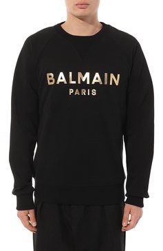 Мужской хлопковый свитшот BALMAIN черного цвета, арт. AH1JQ005BB29 | Фото 3 (Рукава: Длинные; Длина (для топов): Стандартные; Принт: С принтом; Мужское Кросс-КТ: свитшот-одежда; Материал сплава: Проставлено; Материал внешний: Хлопок; Драгоценные камни: Проставлено; Стили: Кэжуэл)