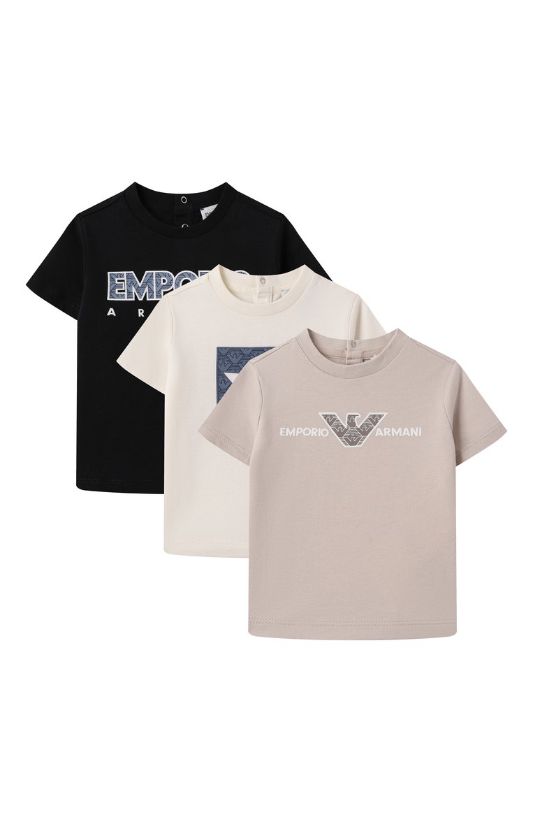 Детский комплект из трех футболок EMPORIO ARMANI бежевого цвета, арт. EB000380/AF13913 | Фото 1 (Нос: Не проставлено; Кросс-КТ НВ: Футболка; Материал внешний: Хлопок; Автоматизация состава: Проставлено; Ростовка одежда: 6 мес | 68 см, 3 мес | 62 см, 9 мес | 74 см, 24 мес | 92 см, 12 мес | 80 см, 36 мес | 98 см)