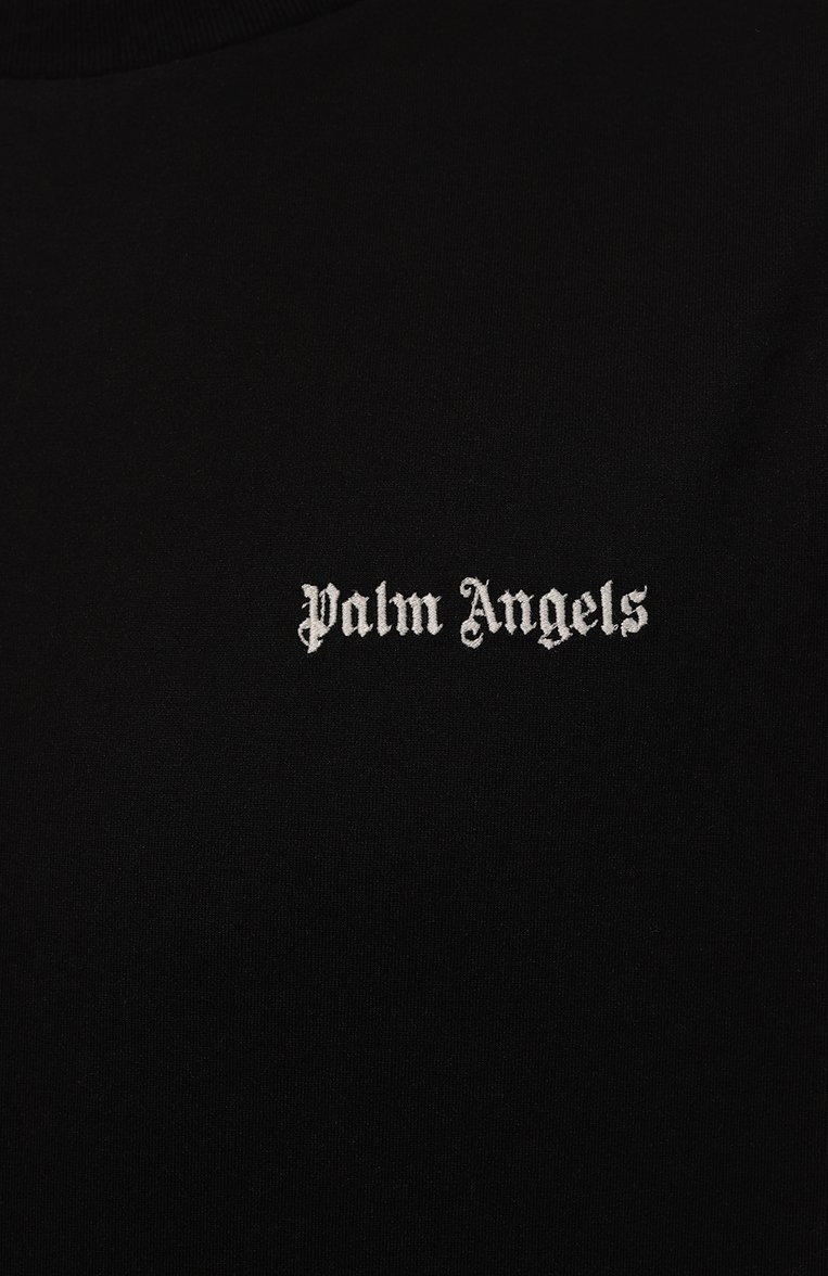Мужская хлопковая футболка PALM ANGELS черного цвета, арт. PMAA089F23JER0011001 | Фото 5 (Рукава: Короткие; Длина (для топов): Стандартные; Материал внешний: Хлопок; Принт: Без принта; Стили: Спорт-шик; Мужское Кросс-КТ: Футболка-одежда; Кросс-КТ: Джерси; Автоматизация состава: Проставлено; Детали: Декор; Автоматизация ТО: Проставлено)