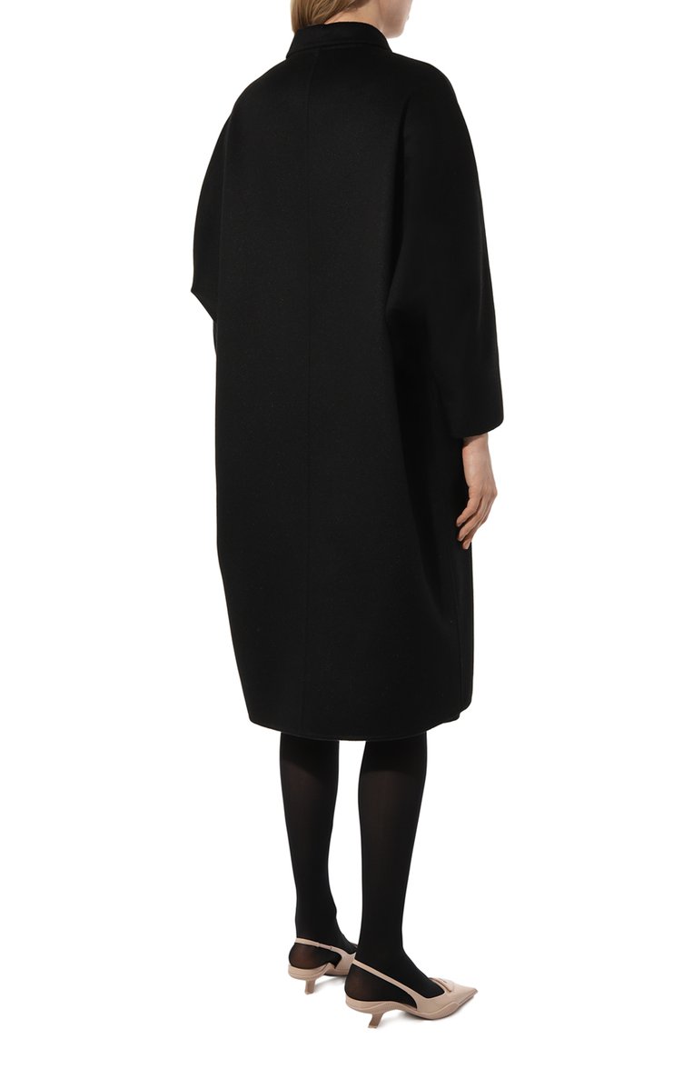 Женское шерстяное пальто PRADA черного цвета, арт. P692NL-1CRU-F0002-211 | Фото 4 (Материал внешний: Шерсть; Рукава: Длинные; Длина (верхняя одежда): До колена; 1-2-бортные: Однобортные; Стили: Классический)