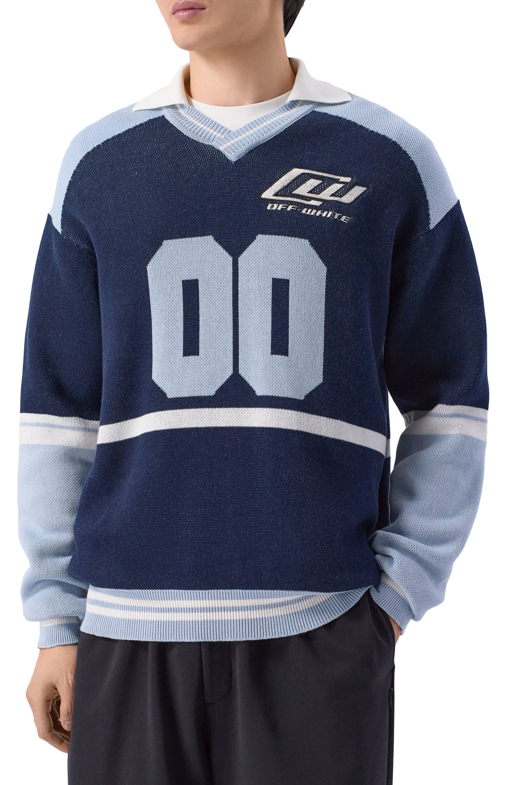 Хлопковый пуловер OFF-WHITE синего цвета по цене 95800 руб., арт. 0MHV008S26KNI001, фото 3 Хлопковый пуловер OFF-WHITE, арт. 0MHV008S26KNI001, фото 3