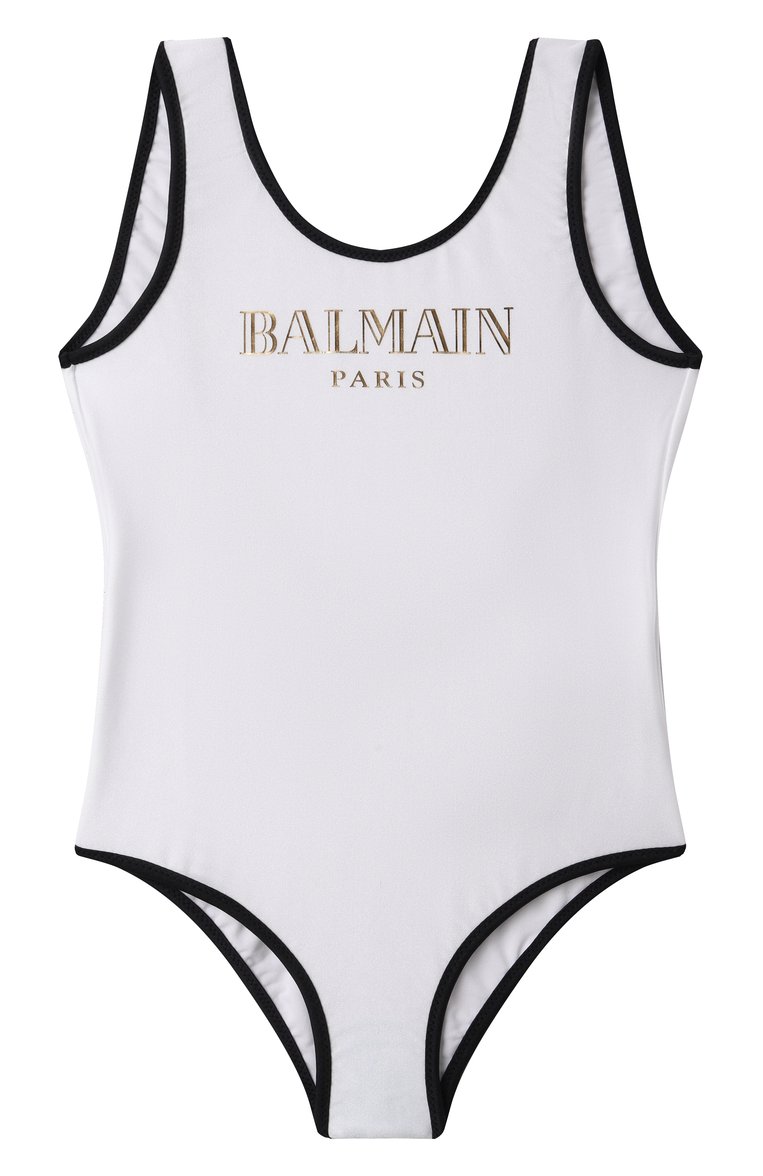 Детского слитный купальник BALMAIN белого цвета, арт. BWCA3D | Фото 1 (Нос: Не проставлено; Девочки Кросс-КТ: Купальники-пляж; Принт: Без принта; Материал внешний: Синтетический материал; Ростовка одежда: 6 лет | 116 см, 8 лет | 128 см, 10 - 11 лет | 140 - 146см, 13 - 15 лет | 158 см, 12 лет | 152 см, 16 лет | 164 см)
