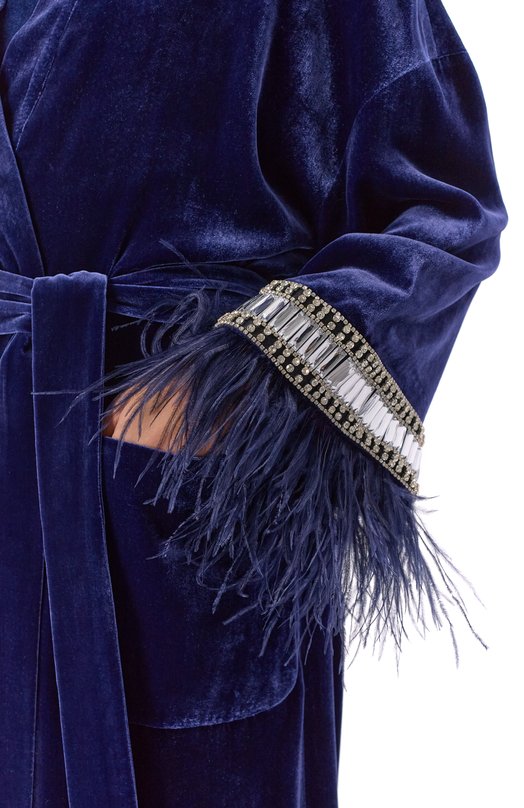 Бархатное пальто с отделкой перьями YANINA T-3102 Синий  T-3102 Фото 5