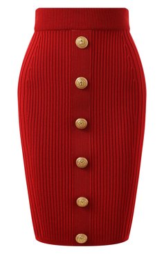 Женская юбка из вискозы BALMAIN красного цвета, арт. BF1LC200/KE18 | Фото 1 (Материал внешний: Вискоза; Материал сплава: Проставлено; Драгоценные камни: Проставлено; Длина Ж (юбки, платья, шорты): До колена; Стили: Романтичный; Кросс-КТ: костюм, Трикотаж)