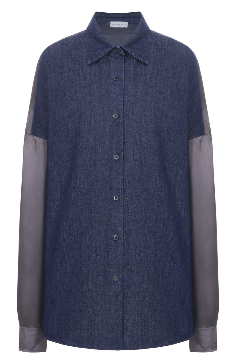 Женская джинсовая рубашка DRIES VAN NOTEN темно-синего цвета, арт. 251-010728-1553 | Фото 1 (Автоматизация состава: Проставлено; Автоматизация ТО: Проставлено; Материал внешний: Хлопок, Вискоза, Деним; Длина (для топов): Удлиненные; Рукава: Длинные; Стили: Кэжуэл; Женское Кросс-КТ: Рубашка-одежда; Кросс-КТ: Деним, костюм; Принт: Без принта)