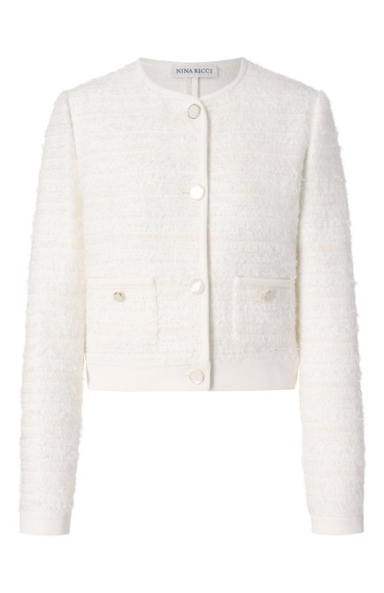 Женский твидовый кардиган NINA RICCI белого цвета, арт. 25PMCR003/ML0578 | Фото 1 (Драгоценные камни: Проставлено; Длина (для топов): Укороченные; Материал внешний: Хлопок; Материал сплава: Проставлено; Рукава: Длинные)