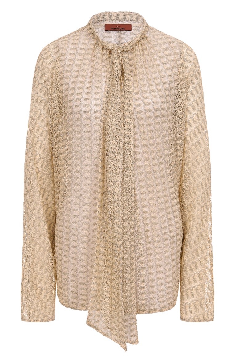 Женская блузка из вискозы MISSONI бежевого цвета, арт. DS25SJ08/BR010R | Фото 1 (Длина (для топов): Удлиненные; Автоматизация ТО: Проставлено; Материал внешний: Вискоза; Автоматизация состава: Проставлено; Рукава: Длинные; Кросс-КТ: костюм; Принт: Без принта; Женское Кросс-КТ: Блуза-одежда; Стили: Бохо)