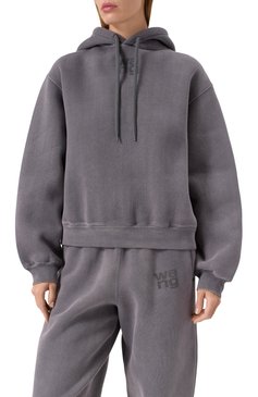 Женский хлопковое худи ALEXANDERWANG.T серого цвета, арт. 4CC3242108 | Фото 3 (Длина (для топов): Стандартные; Материал сплава: Проставлено; Рукава: Длинные; Драгоценные камни: Проставлено; Женское Кросс-КТ: Худи-одежда; Стили: Гранж; Материал внешний: Хлопок)