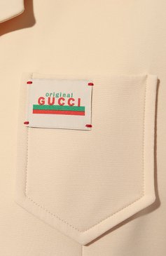 Женский жакет из шелка и шерсти GUCCI бежевого цвета, арт. 619247 ZAD88 | Фото 5 (Рукава: Короткие; Случай: Повседневный; 1-2-бортные: Однобортные; Драгоценные камни: Проставлено; Длина (для топов): Укороченные; Женское Кросс-КТ: Жакет-одежда; Стили: Кэжуэл)