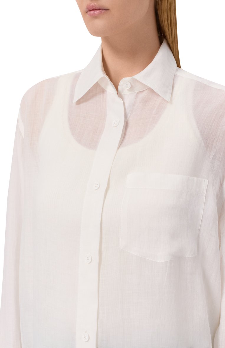 Женская рубашка JACOB COHEN белого цвета, арт. 25E P/JDM_C0073 001 T765A RW | Фото 5 (Автоматизация ТО: Проставлено; Рукава: Длинные; Автоматизация состава: Проставлено; Длина (для топов): Удлиненные; Женское Кросс-КТ: Рубашка-одежда; Принт: Без принта; Стили: Классический; Материал внешний: Лен)