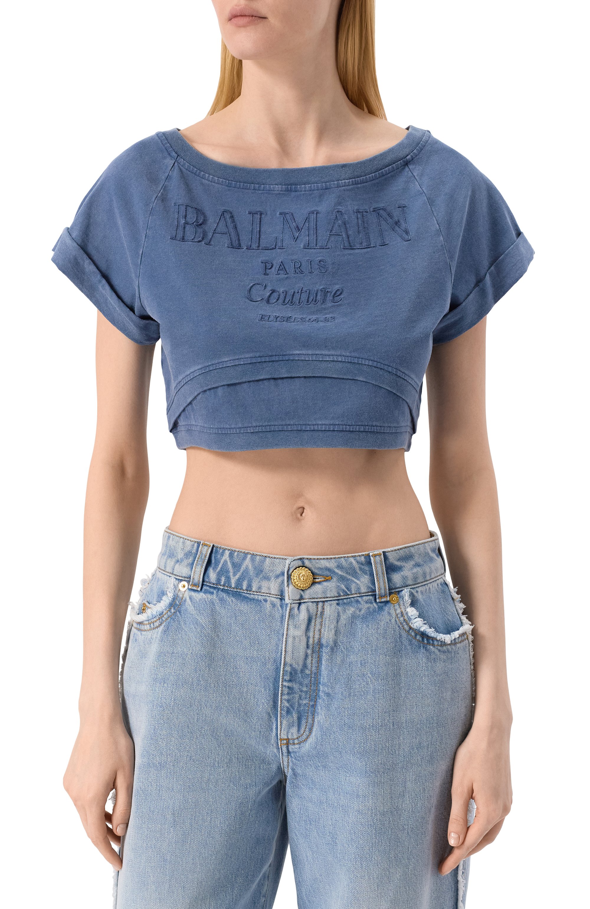 Хлопковая футболка BALMAIN синего цвета по цене 56100 руб., арт. EF1EE121/BC96, фото 3 Хлопковая футболка BALMAIN, арт. EF1EE121/BC96, фото 3