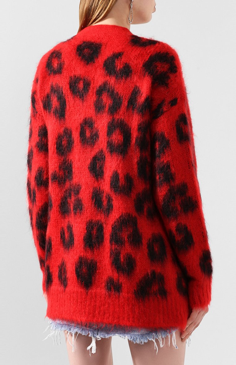 Женский кардиган MIU MIU красного цвета, арт. MMF074-1TBB-F0011 | Фото 4 (Рукава: Длинные; Материал внешний: Синтетический материал, Шерсть; Длина (для топов): Удлиненные; Женское Кросс-КТ: кардиган-трикотаж)