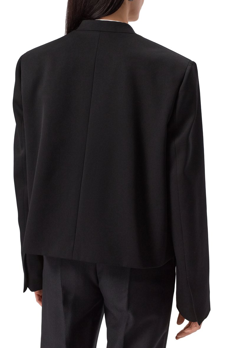 Женский шерстяной жакет JIL SANDER черного цвета, арт. J01BN0131-J40021 | Фото 4 (Материал внешний: Шерсть; Драгоценные камни: Проставлено; Материал сплава: Проставлено; Рукава: Длинные; Длина (для топов): Стандартные; Стили: Кэжуэл; Кросс-КТ: костюм; 1-2-бортные: Однобортные; Женское Кросс-КТ: Жакет-одежда)