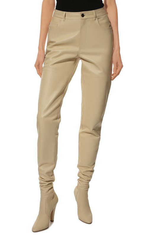 Кожаные брюки Saint Laurent Бежевый, фото 3