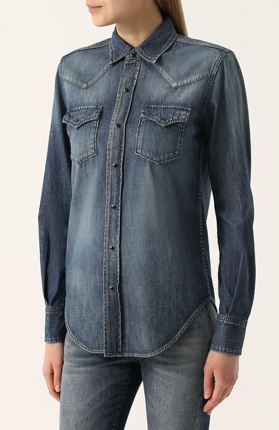 Джинсовая блуза с накладными карманами и потертостями SAINT LAURENT, арт. 497526/Y880L, фото 3