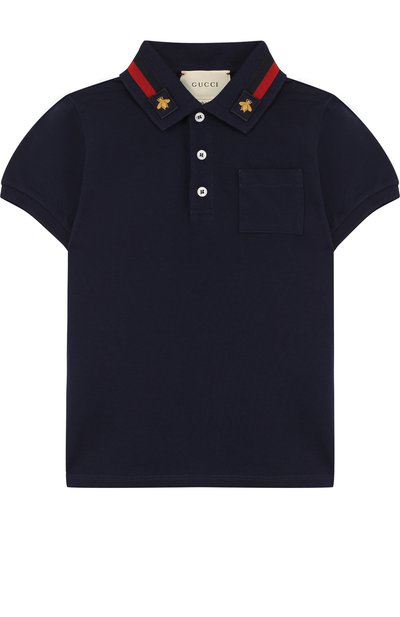 Хлопковое поло с декорированным воротником GUCCI синего цвета по цене 14200 руб., арт. 455206/X5J10, фото 1 Хлопковое поло с декорированным воротником GUCCI, арт. 455206/X5J10, фото 1