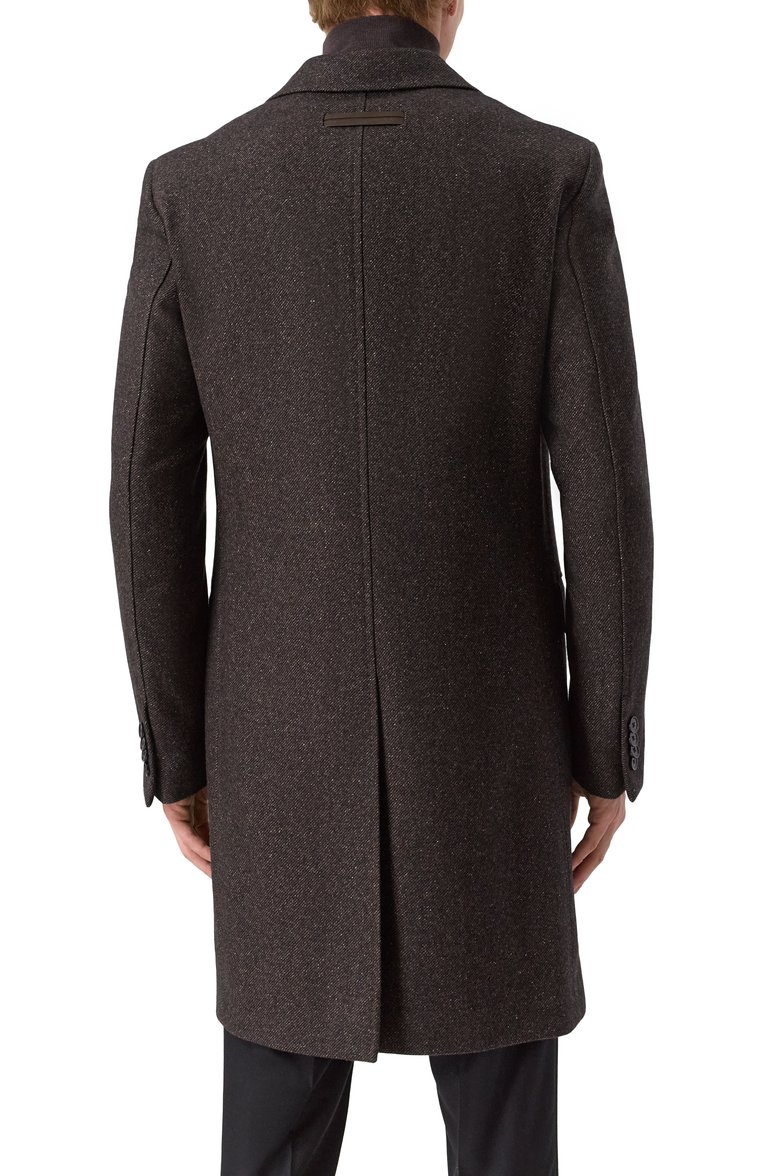 Мужской пальто из шерсти и шелка ZEGNA темно-коричневого цвета, арт. 4GJ3G0/897701A8 | Фото 4 (Материал внешний: Шерсть; Материал подклада: Вискоза; Рукава: Длинные; Длина (верхняя одежда): До середины бедра; 1-2-бортные: Однобортные; Мужское Кросс-КТ: пальто-верхняя одежда; Стили: Кэжуэл, Классический)