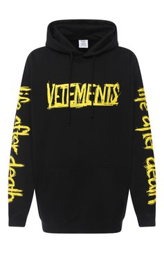 Мужской хлопковое худи VETEMENTS черного цвета, арт. UAH21TR632 1606/M | Фото 1 (Рукава: Длинные; Принт: С пр�интом; Длина (для топов): Удлиненные; Мужское Кросс-КТ: Худи-одежда; Материал сплава: Проставлено; Материал внешний: Хлопок; Драгоценные камни: Проставлено)