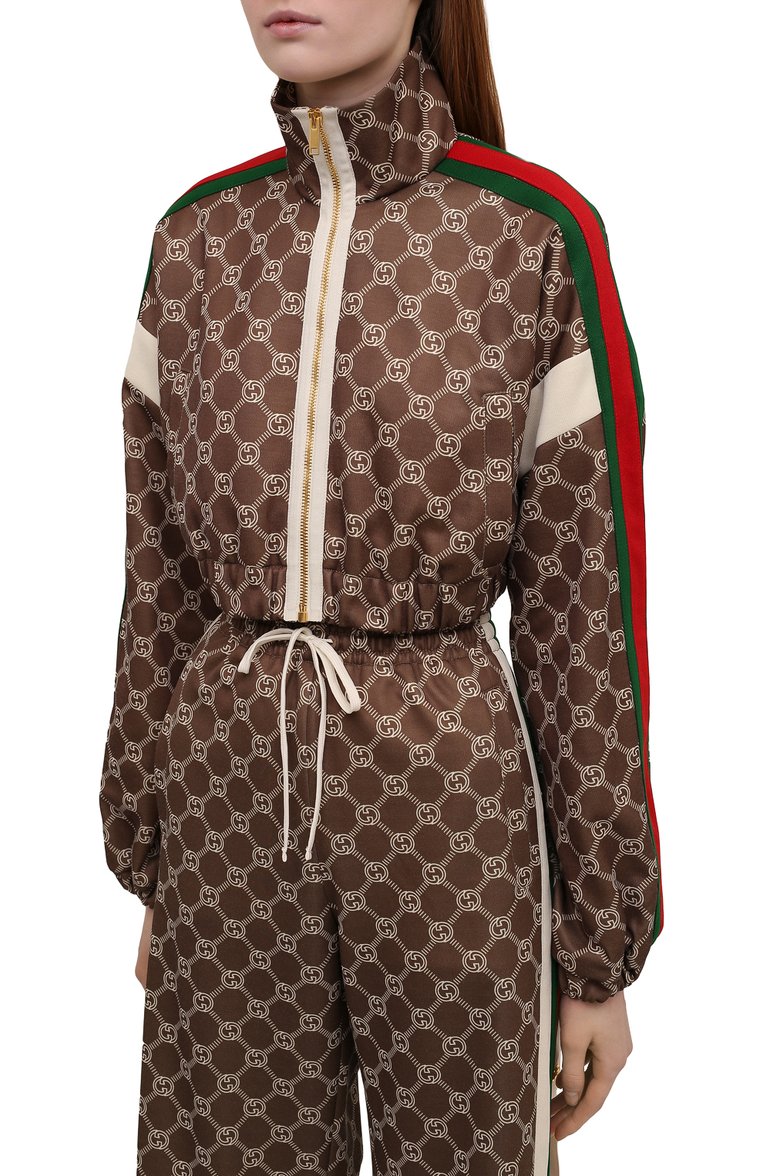 Женский бомбер GUCCI коричневого цвета, арт. 671495/XJD1G | Фото 3 (Материал внешний: Синтетический материал, Хлопок; Рукава: Длинные; Материал подклада: Хлопок; Кросс-КТ: Куртка, Легкие; Стили: Спорт-шик; Длина (верхняя одежда): Короткие; Драгоценные камни: Проставлено; Материал сплава: Проставлено; Нос: Не проставлено; Региональные ограничения белый список (Axapta Mercury): Не проставлено)