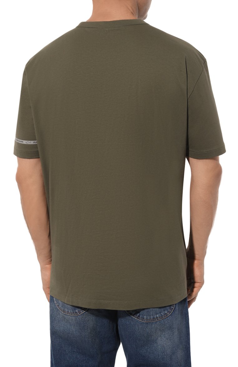 Мужская хлопковая футболка PAUL&SHARK хаки цвета, арт. 23411033/3XL-6XL | Фото 4 (Материал внешний: Хлопок; Рукава: Короткие; Длина (для топов): Удлиненные; Принт: Без принта; Сти�ли: Милитари; Мужское Кросс-КТ: Футболка-одежда; Кросс-КТ: Джерси; Автоматизация ТО: Проставлено; Автоматизация состава: Проставлено; Детали: Декор)