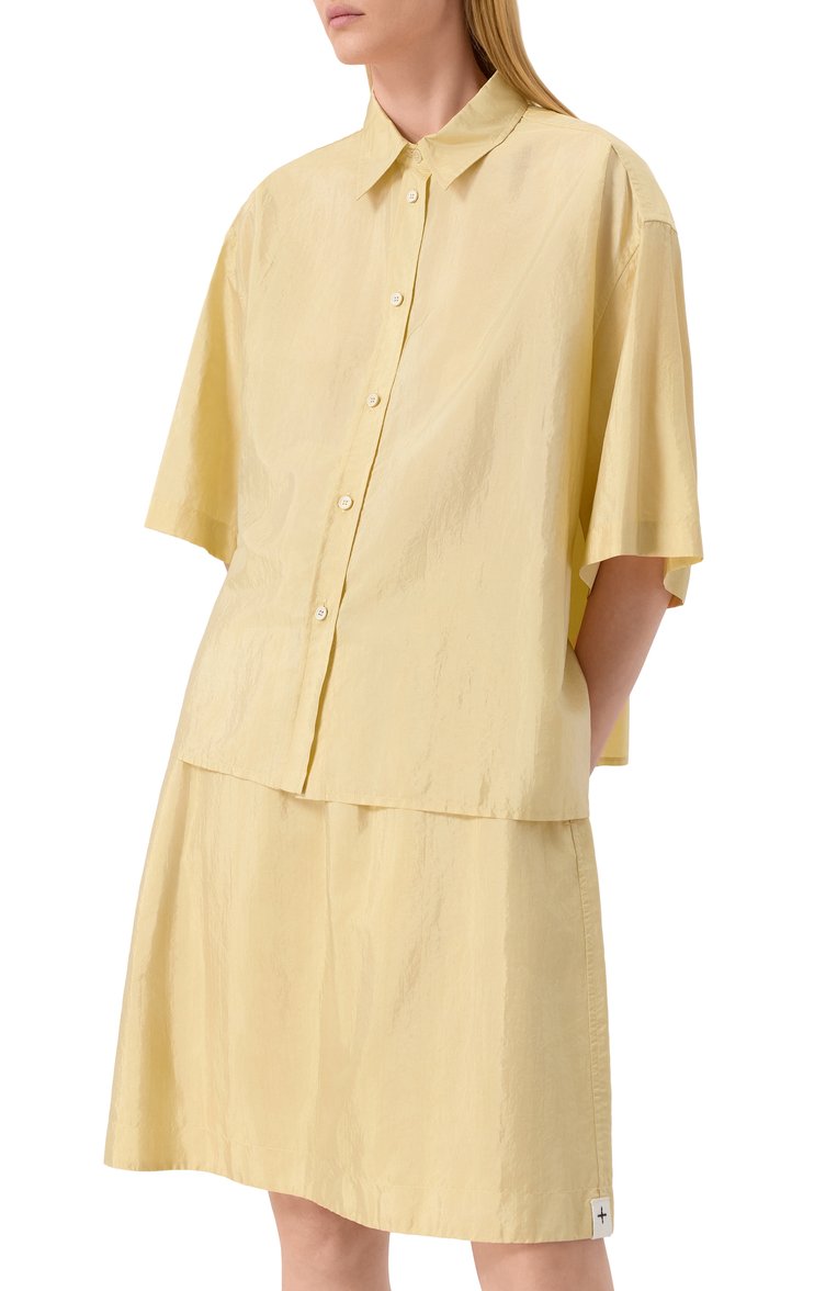 Женская рубашка JIL SANDER желтого цвета, арт. J40DL0167/J70003 | Фото 3 (Длина (для топов): Стандартные; Материал внешний: Синтетический материал, Шелк; Рукава: Короткие; Стили: Кэжуэл; Принт: Без принта; Кросс-КТ: костюм; Женское Кросс-КТ: Рубашка-одежда; Автоматизация ТО: Проставлено; Автоматизация состава: Проставлено)