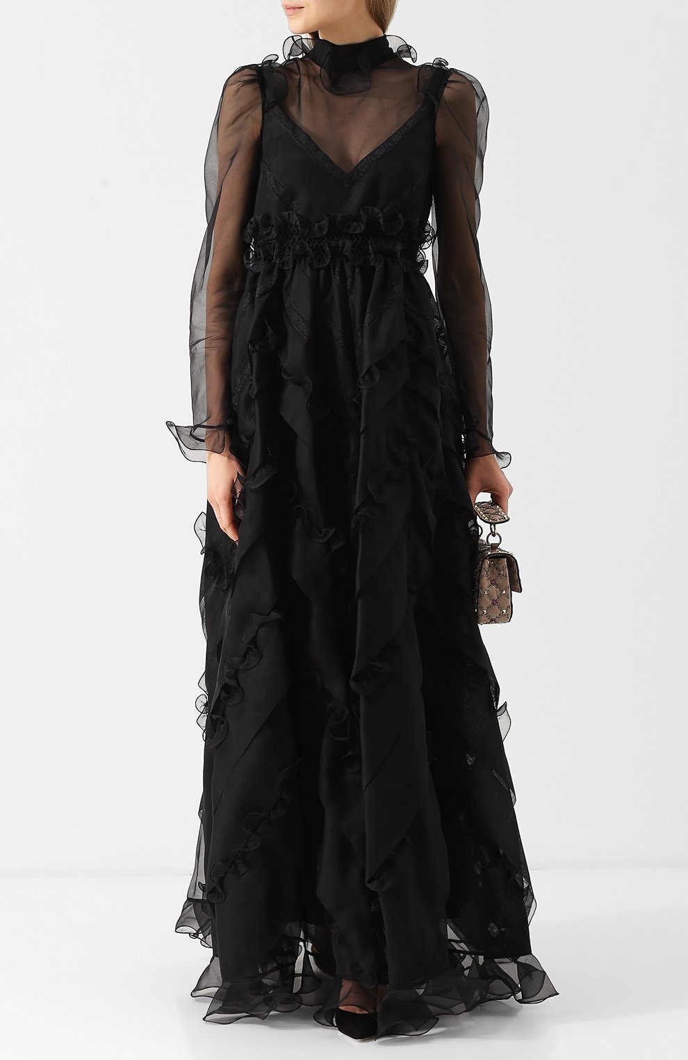 Шелковое платье-макси с оборками и воротником-стойкой VALENTINO, арт. QB2VD7Q11C8, фото 2