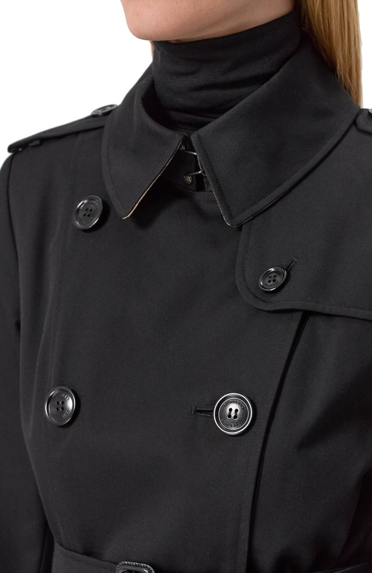 Женский хлопковый тренч BURBERRY черного цвета, арт. 8059272 | Фото 5 (Длина (верхняя одежда): До колена; Материал внешний: Хлопок; Кросс-КТ: Куртка; Рукава: Длинные; Материал подклада: Хлопок; Стили: Классический; Автоматизация ТО: Проставлено; Автоматизация состава: Проставлено)
