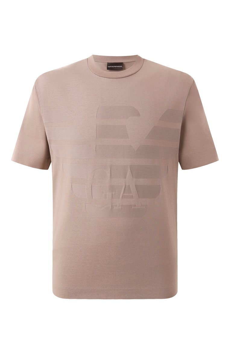 Мужская хлопковая футболка EMPORIO ARMANI бежевого цвета, арт. EM000943/AF10762 | Фото 1 (Материал внешний: Хлопок; Рукава: Короткие; Длина (для топов): Стандартные; Принт: С принтом; Стили: Кэжуэл; Кросс-КТ: Джерси; Мужское Кросс-КТ: Футболка-одежда)