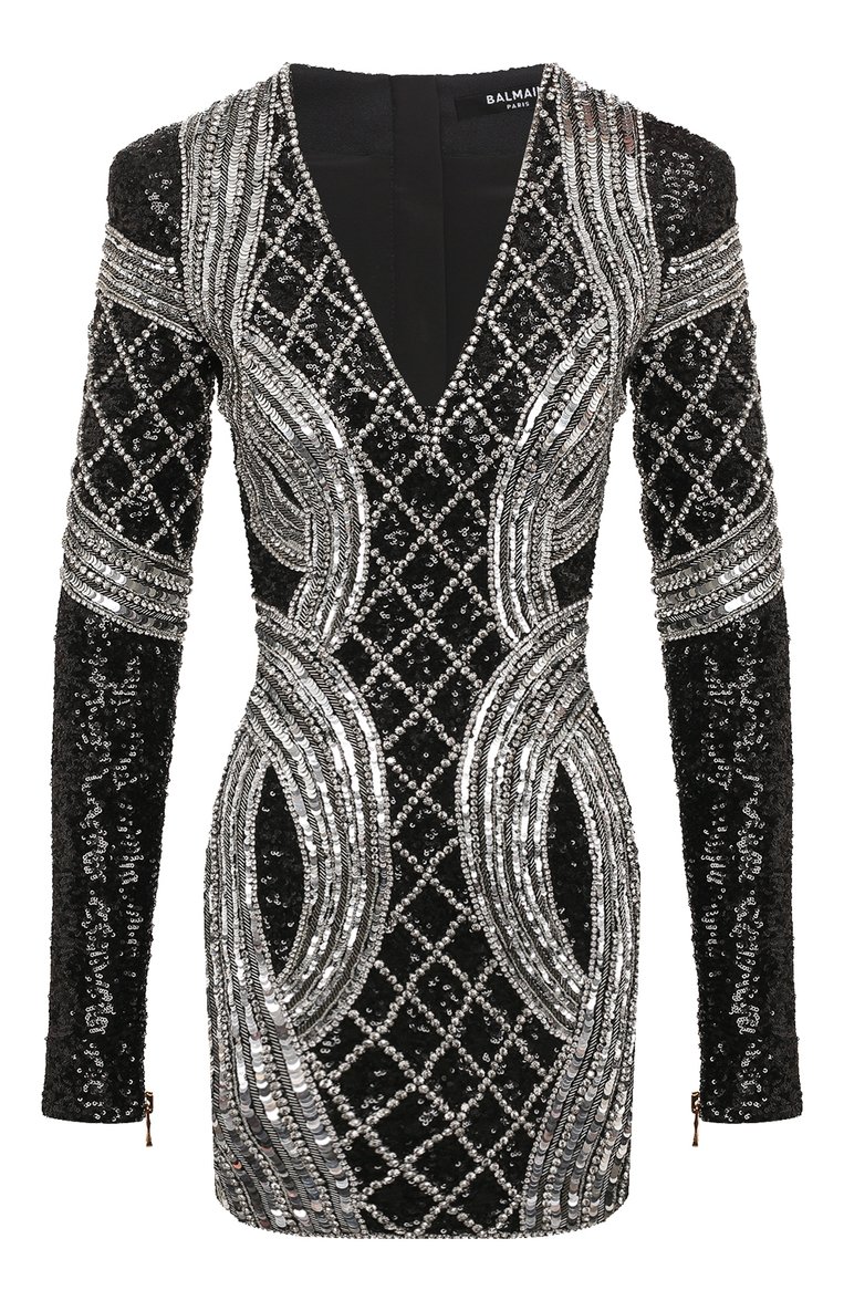 Женское платье с отделкой стразами и пайетками BALMAIN черного цвета, арт. AF0R8550PB82 | Фото 1 (Материал подклада: Шелк; Материал внешний: Синтетический материал; Длина Ж (юбки, платья, шорты): Мини; Рукава: Длинные; Женское Кросс-КТ: Платье-одежда; Стили: Романтичный; Случай: Коктейльный)