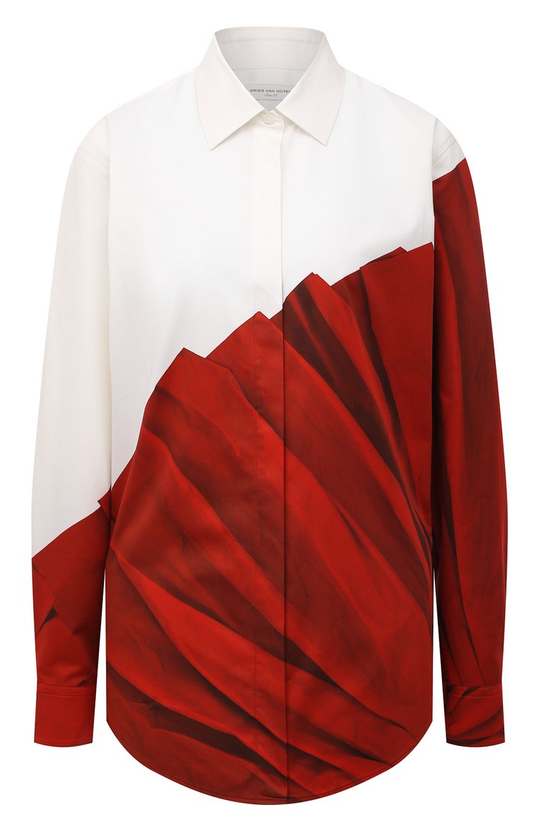 Женская хлопковая рубашка DRIES VAN NOTEN красного цвета, арт. 212-010765-3078 | Фото 1 (Материал внешний: Хлопок; Рукава: Длинные; Длина (для топов): Удлиненные; Стили: Романтичный; Принт: С принтом; Женское Кросс-КТ: Рубашка-одежда)