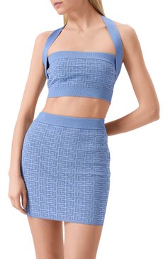 Женский топ из вискозы BALMAIN голубого цвета, арт. EF1AA025/KI02 | Фото 3 (Материал внешний: Вискоза; Материал сплава: Проставлено; Длина (для топов): Укороченные; Драгоценные камни: Проставлено; Рукава: Без рукавов; Кросс-КТ: костюм; Стили: Кэжуэл)