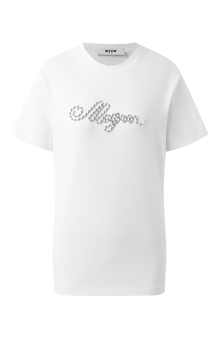 Женская хлопковая футболка MSGM белого цвета, арт. 3841MDM130/257097 | Фото 1 (Длина (для топов): Стандартные; Драгоценные камни: Проставлено; Рукава: Короткие; Материал сплава: Проставлено; Принт: Без принта; Стили: Кэжуэл; Материал внешний: Хлопок)