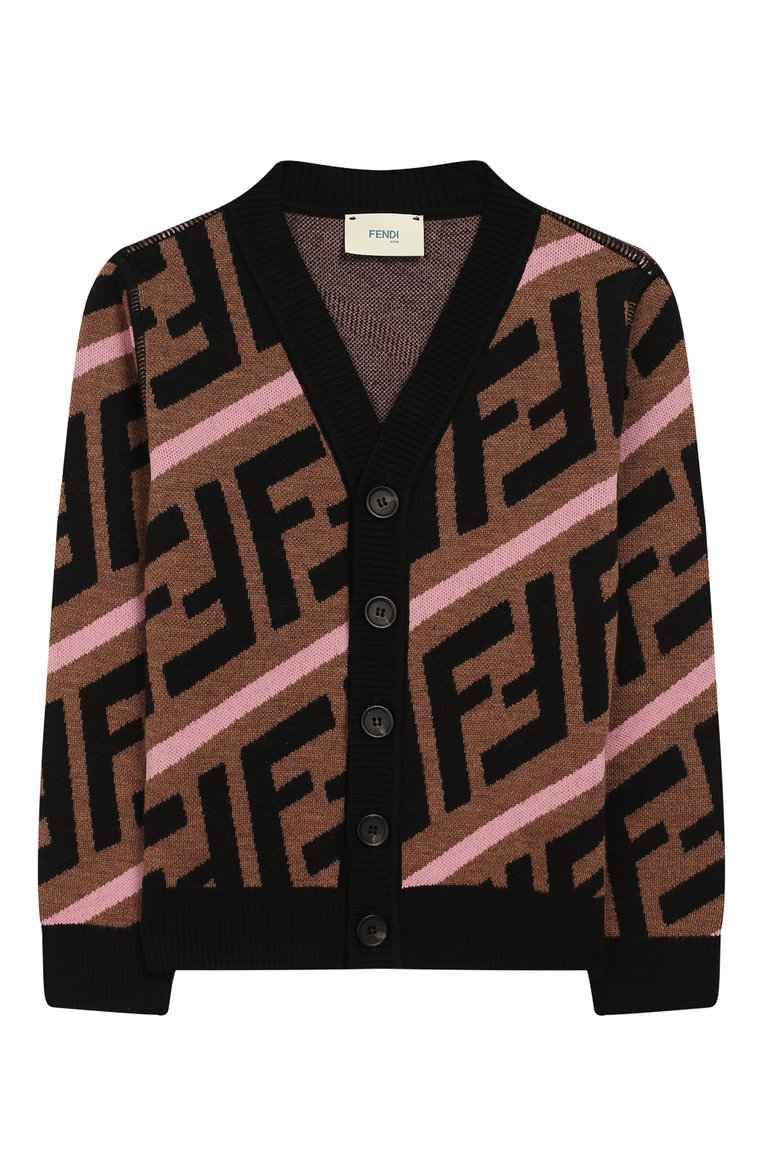 Детский шерстяной кардиган FENDI коричневого цвета, арт. JFG050/A8L7/3A-5A | Фото 1 (Рукава: Длинные; Материал внешний: Шерсть; Девочки Кросс-КТ: Кардиган-одежда; Статус проверки: Проверена категория; Материал сплава: Проставлено; Драгоценные камни: Проставлено)