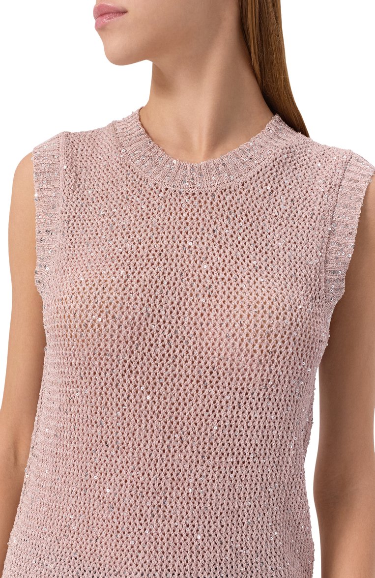 Женский топ с отделкой пайетками GOLDEN GOOSE DELUXE BRAND светло-розового цвета, арт. GWP01922.P001691 | Фото 5 (Материал внешний: Синтетический материал; Длина (для топов): Стандартные; Кросс-КТ: Трикотаж; Рукава: Без рукавов; Стили: Гламурный)
