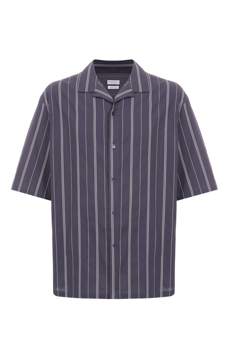 М�ужская хлопковая рубашка BRUNELLO CUCINELLI синего цвета, арт. MM6830615W | Фото 1 (Длина (для топов): Стандартные; Автоматизация состава: Проставлено; Рукава: Короткие; Автоматизация ТО: Проставлено; Материал внешний: Хлопок; Принт: С принтом; Стили: Кэжуэл; Воротник: Отложной; Случай: Повседневный; Big sizes: Big Sizes; Размерность: Идёт в размер)