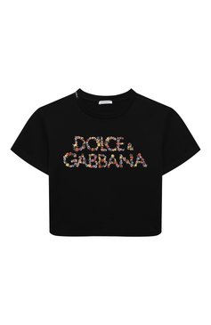 Детская хлопковая футболка DOLCE & GABBANA черного цвета, арт. L5JTHW/G7KC5/8-14 | Фото 1 (Девочки Кросс-КТ: футболка-одежда; Рукава: Короткие; Материал сплава: Проставлено; Материал внешний: Хлопок; Драгоценные камни: Проставлено)