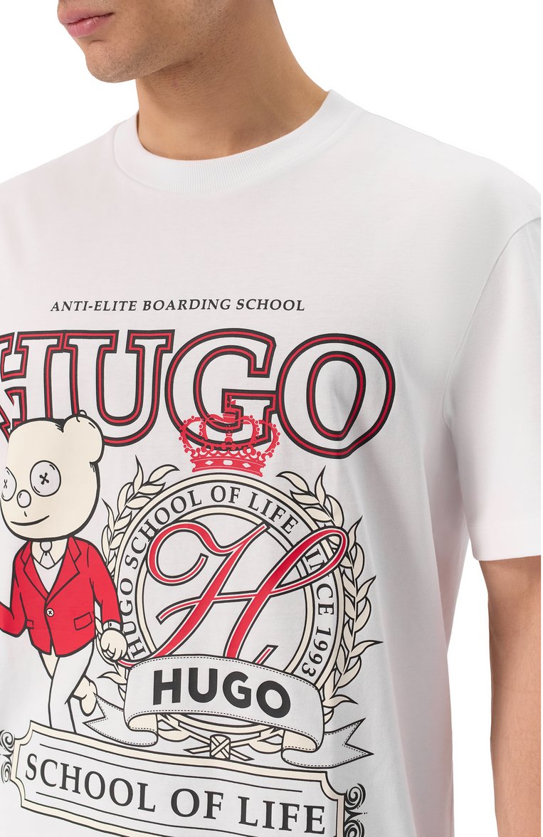 Мужская хлопковая футболка HUGO белого цвета, арт. 50538254 | Фото 5 (Длина (для топов): Стандартные; Рукава: Короткие; Материал внешний: Хлопок; Принт: С принтом; Стили: Кэжуэл; Кросс-КТ: Джерси; Мужское Кросс-КТ: Футболка-одежда)