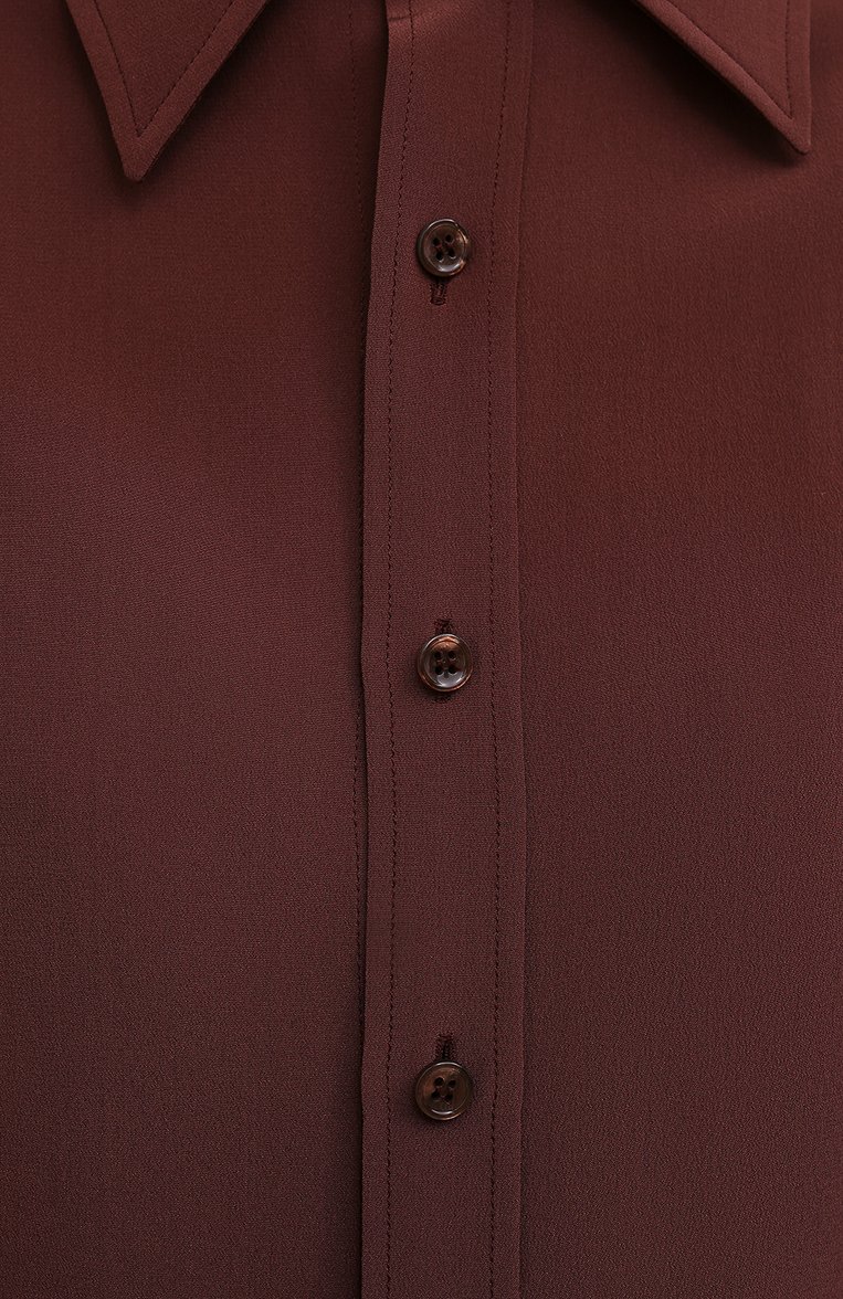 Женская шелковая рубашка SAINT LAURENT коричневого цвета, арт. 663493/Y100W | Фото 5 (Длина (для топов): Стандартные; Материал внешний: Шелк; Рукава: Длинные; Женское Кросс-КТ: Рубашка-одежда; Принт: Без принта; Стили: Кэжуэл, Классический; Материал сплава: Проставлено; Драгоценные камни: Проставлено)