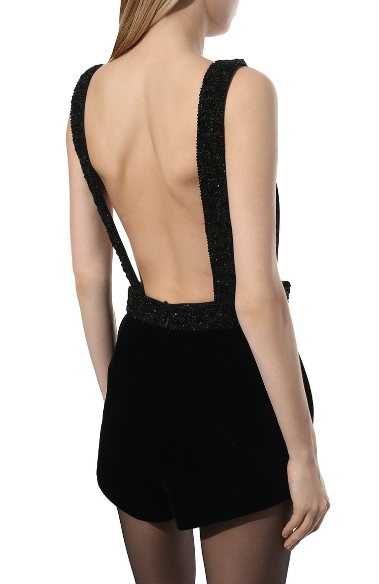 Женский комбинезон SAINT LAURENT черного цвета, арт. 670881/Y525R | Фото 4 (Материал внешний: Вискоза; Материал подклада: Шелк; Женское Кросс-КТ: Комбинезон-одежда; Случай: Вечерний; Стили: Гламурный; Рукава: Без рукавов; Автоматизация ТО: Проставлено; Автоматизация состава: Проставлено)