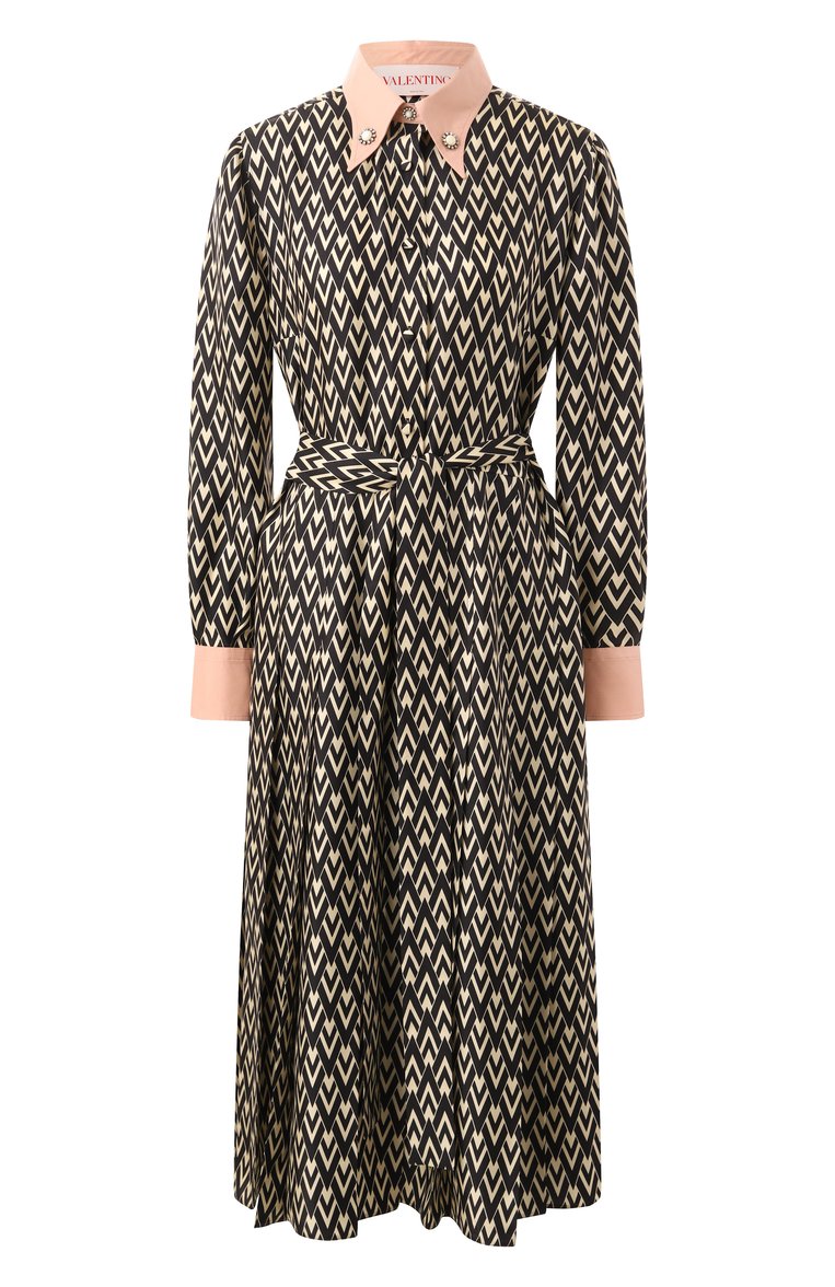 Женское шелковое платье VALENTINO бежевого цвета, арт. 6B3VAEY590R | Фото 1 (Рукава: Длинные; Материал внешний: Шелк; Длина Ж (юбки, платья, шорты): Миди; Случай: Повседневный; Женское Кросс-КТ: Платье-одежда; Стили: Кэжуэл)