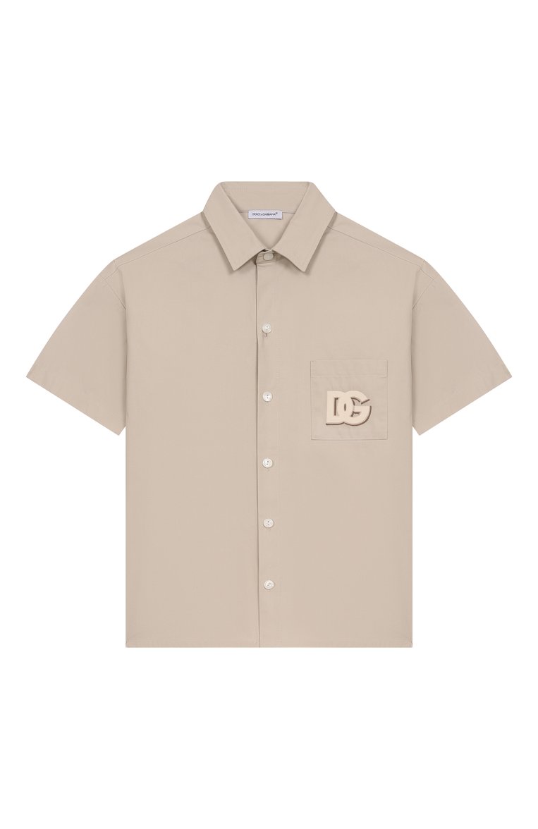 Детская хлопковая рубашка DOLCE & GABBANA светло-бежевого цвета, арт. L44S29/HUMRB/8-14 | Фото 1 (Рукава: Короткие; Материал внешний: Хлопок; Стили: Классический; Автоматизация состава: Проставлено; Автоматизация ТО: Проставлено; Ростовка одежда: 5 лет | 110 см, 8 лет | 128 см, 10 - 11 лет | 140 - 146см, 13 - 15 лет | 158 см, 16 лет | 164 см, 2 года | 92 см, 3 года | 98 см)