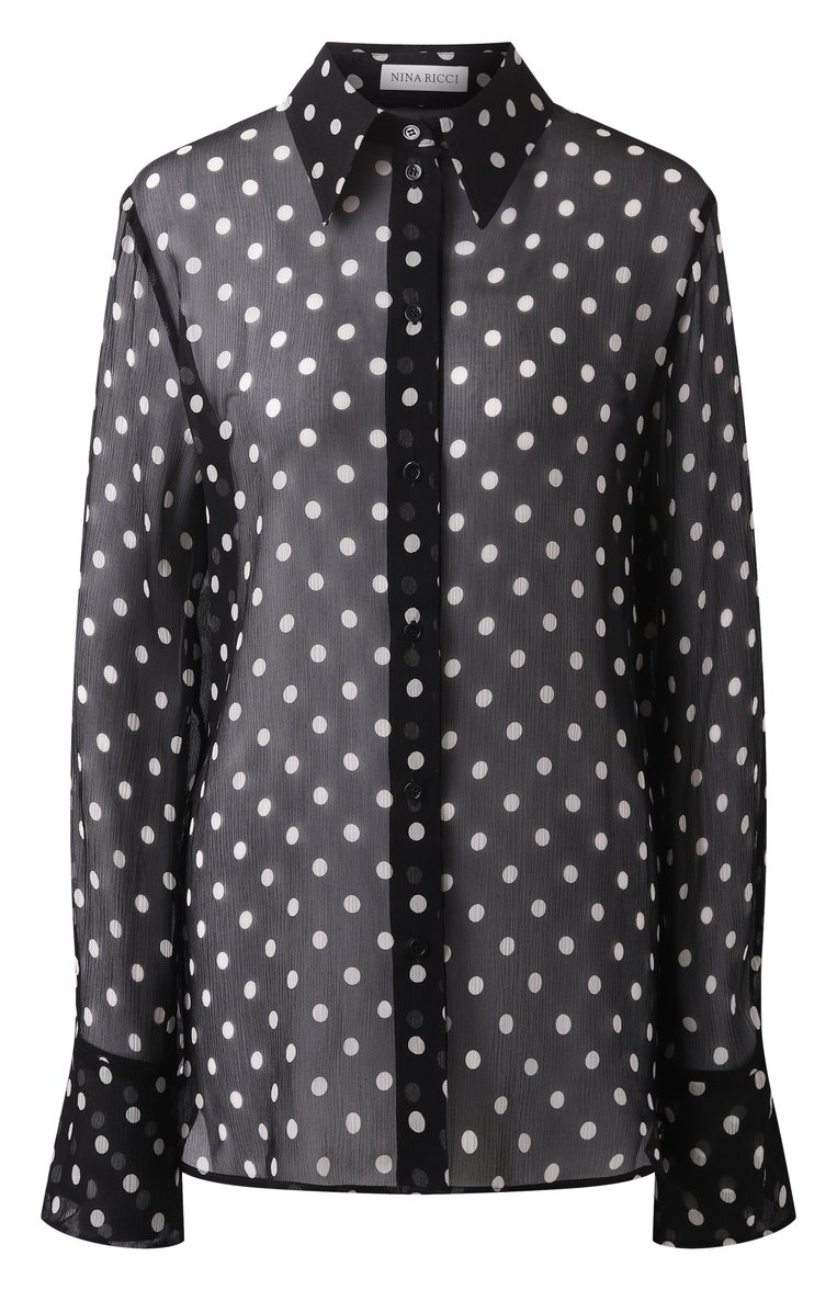 Женская шелковая блузка NINA RICCI черного цвета, арт. 25PCT0007/SE1409 | Фото 1 (Рукава: Длинные; Длина (для топов): Стандартные; Материал внешний: Шелк; Стили: Кэжуэл; Женское Кросс-КТ: Блуза-одежда; Принт: С принтом)