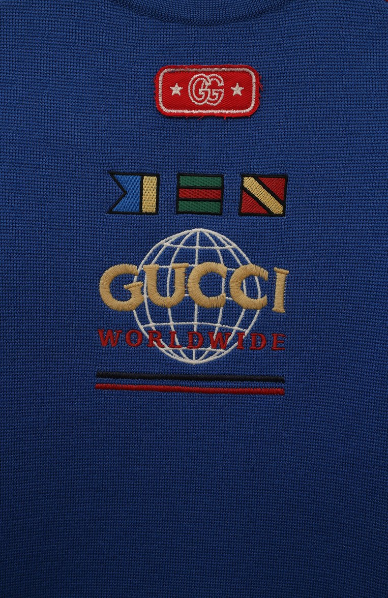 Детский пуловер из шерсти и хлопка GUCCI синего цвета, арт. 590275 XKA1R | Фото 3 (Материал внешний: Шерсть, Хлопок; Рукава: Длинные; Материал сплава: Прост�авлено; Драгоценные камни: Проставлено; Девочки Кросс-КТ: Пуловер-одежда)