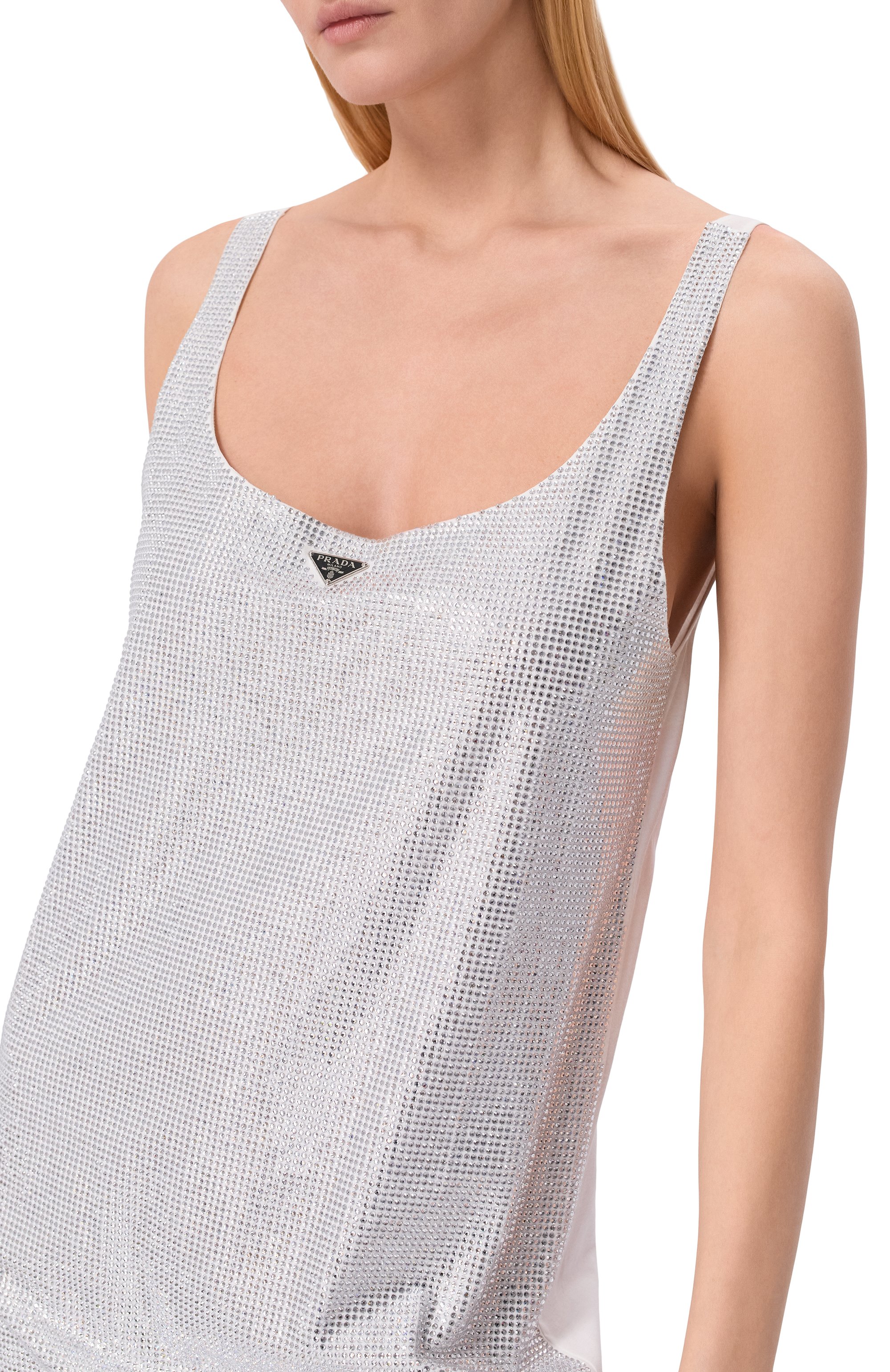 Платье с отделкой стразами PRADA белого цвета по цене 315500 руб., арт. 33576R/13TI, фото 5 Платье с отделкой стразами PRADA, арт. 33576R/13TI, фото 5