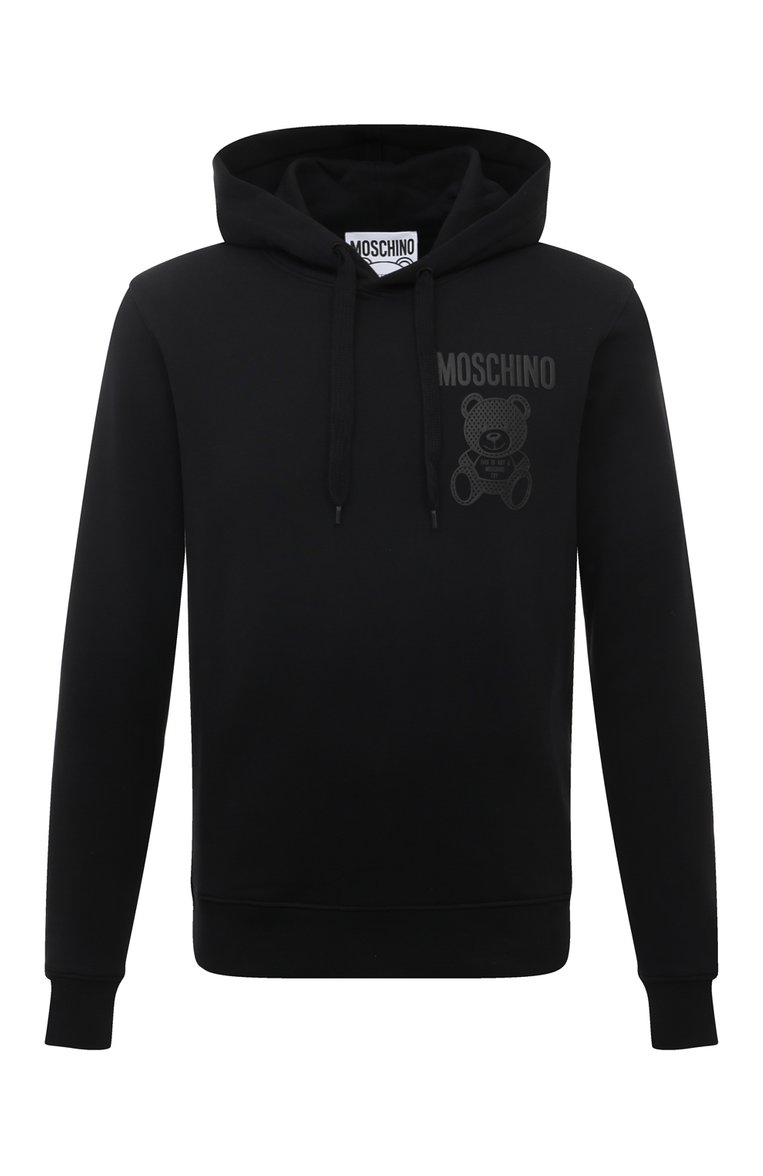 Мужской хлопковое худи MOSCHINO черного цвета, арт. V1727/2028 | Фото 1 (Рукава: Длинные; Длина (для топов): Стандартные; Принт: С принтом; Мужское Кросс-КТ: Худи-одежда; Материал сплава: Проставлено; Материал внешний: Хлопок; Драгоценные камни: Проставлено; Стили: Кэжуэл)