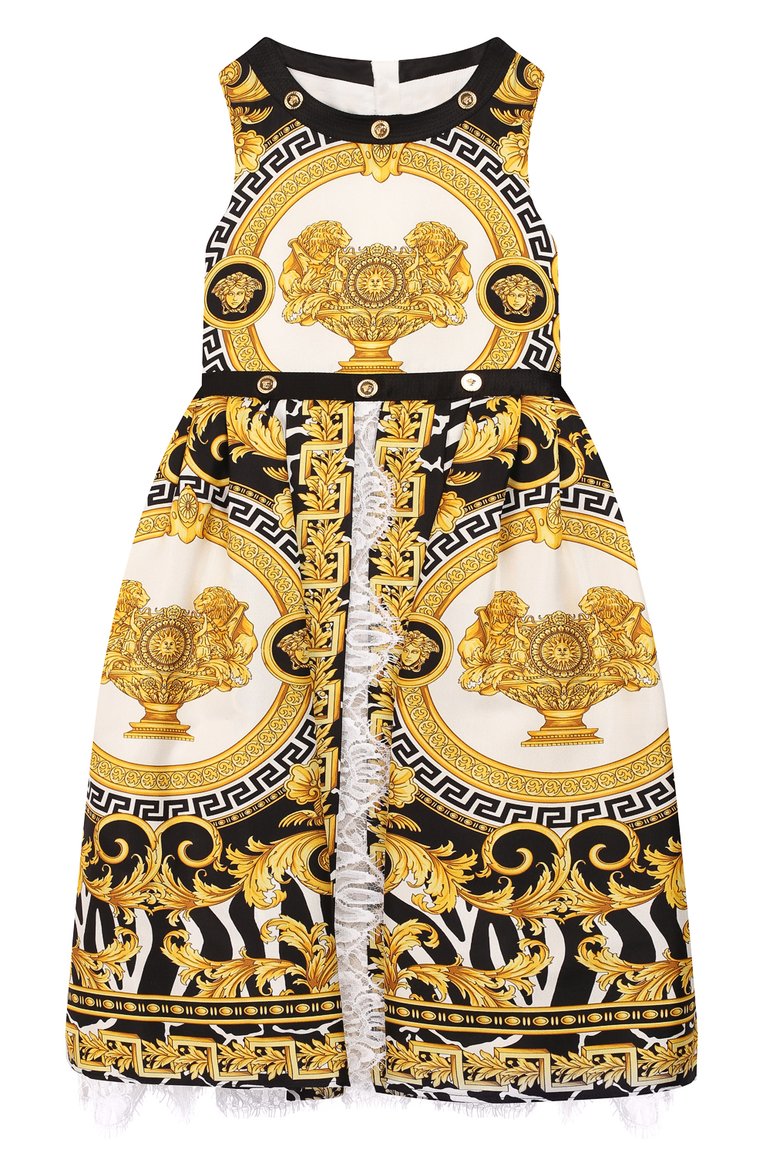 Детское шелковое платье VERSACE разноцветного цвета, арт. YC000090/YA00279/6A | Фото 1 (Статус проверки: Проверена категория; Материал подклада: Вискоза; Материал внешний: Шелк; Принт: С принтом; Девочки Кросс-КТ: Платье-одежда; Случай: Повседневный; Драгоценные камни: Проставлено; Материал сплава: Проставлено)