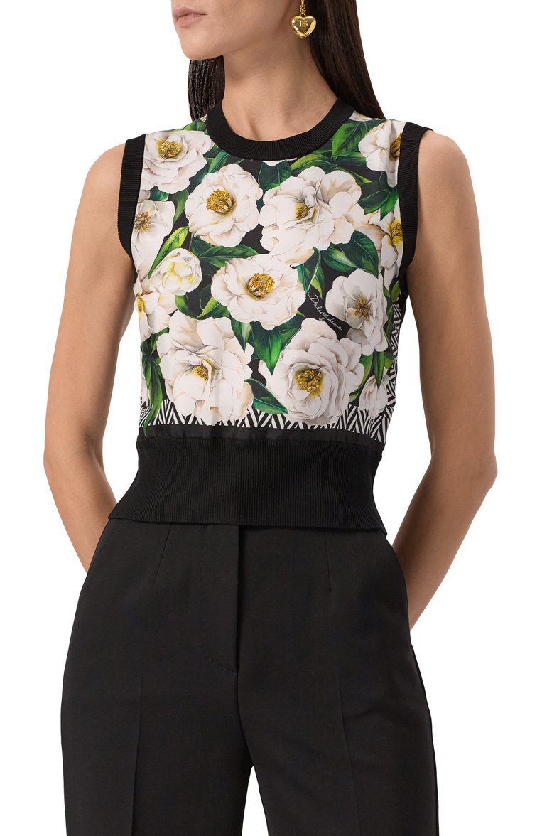 Женский шелковый топ DOLCE & GABBANA черного цвета, арт. FXT43T/JBSK9 | Фото 3 (Длина (для топов): Стандартные; Материал внешний: Шелк; Рукава: Без рукавов; Стили: Романтичный; Автоматизация состава: Проставлено; Автоматизация ТО: Проставлено; Размерность: Идёт в размер)