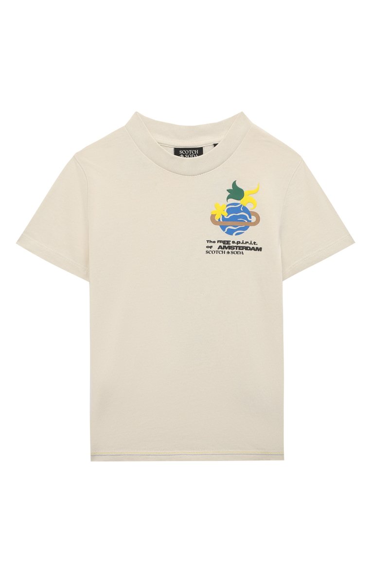 Детская хлопковая футболка SCOTCH AND SODA кремового цвета, арт. 170555-23-SSBM-D51 | Фото 1 (Материал внешний: Хлопок; Рукава: Короткие; Мальчики Кросс-КТ: Футболка-одежда; Нос: Не проставлено)