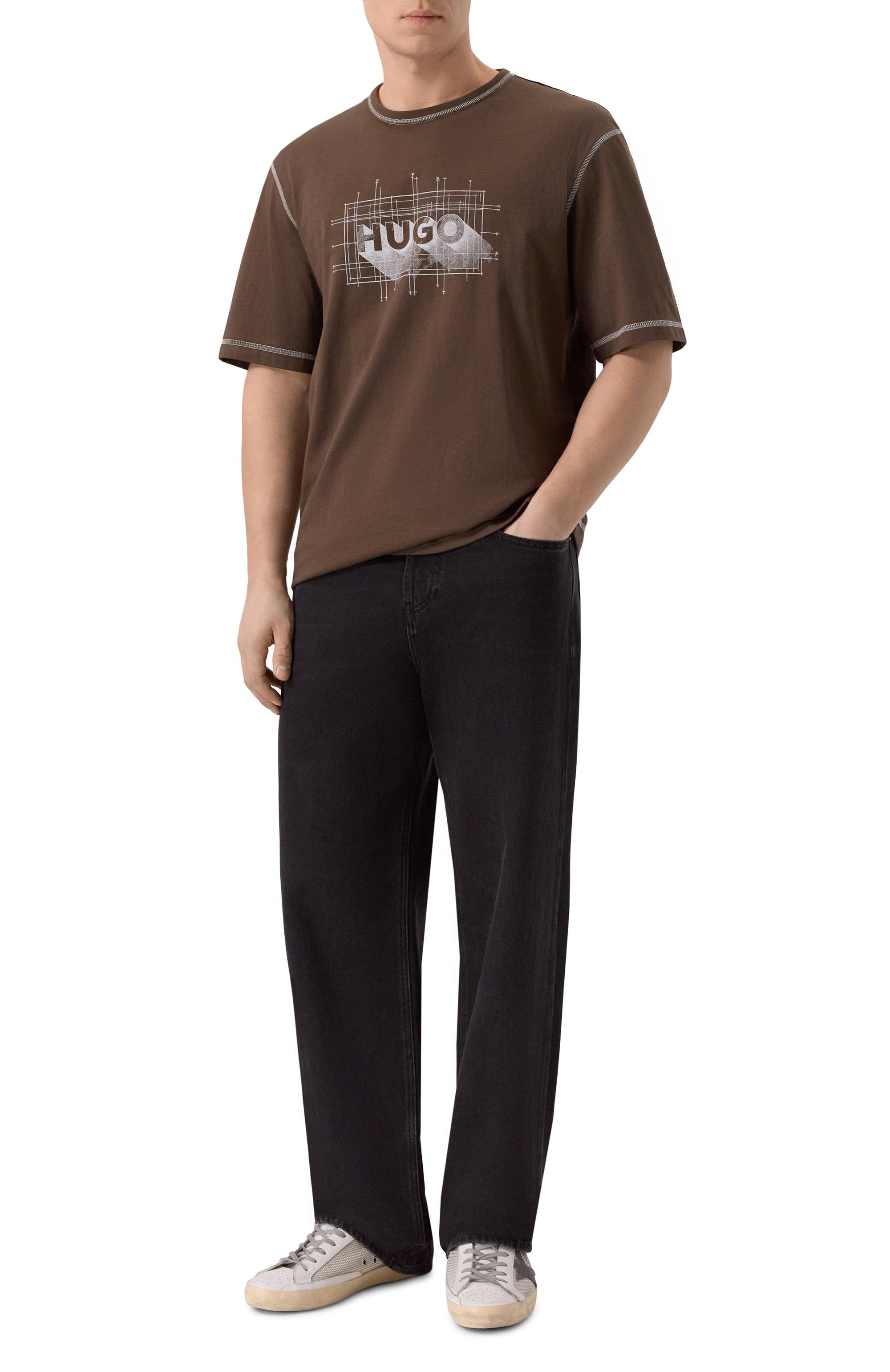 Хлопковая футболка HUGO BLUE коричневого цвета по цене 8250 руб., арт. 50553498, фото 2 Хлопковая футболка HUGO BLUE, арт. 50553498, фото 2